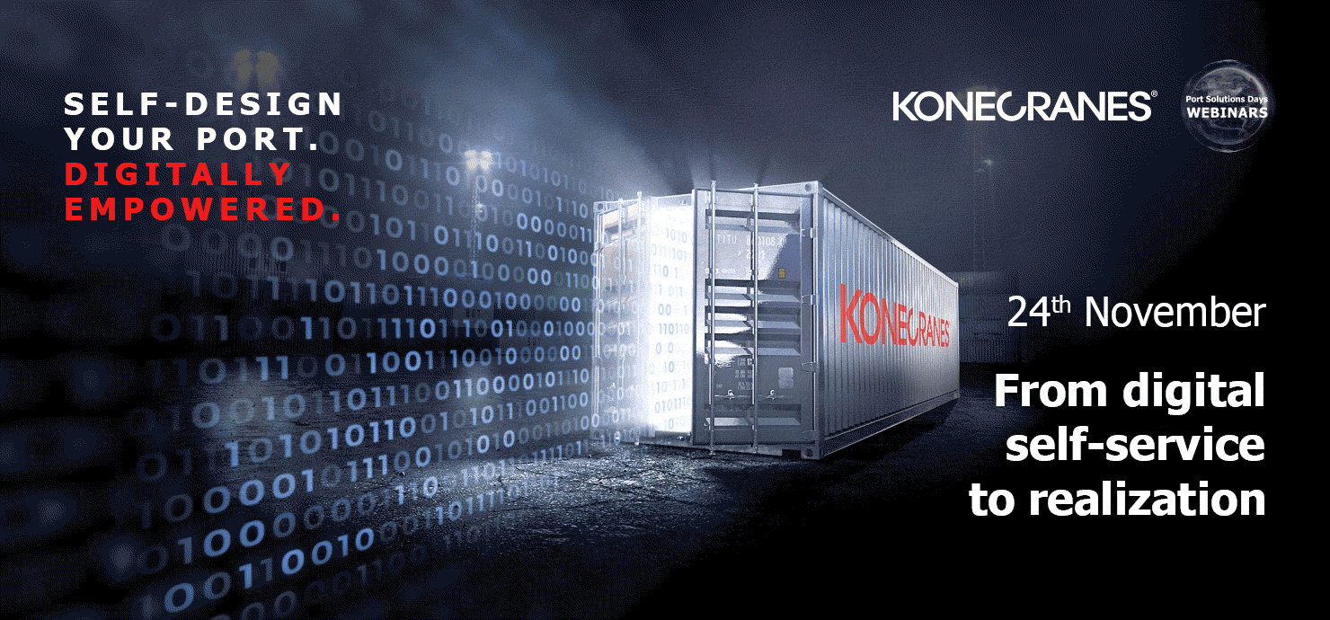 A container with codes flowing out from it. Texts: Self design your port. Digitally empowered. Konecranes Port Solutions Days webinar. 24th November. From digital self-service to realization