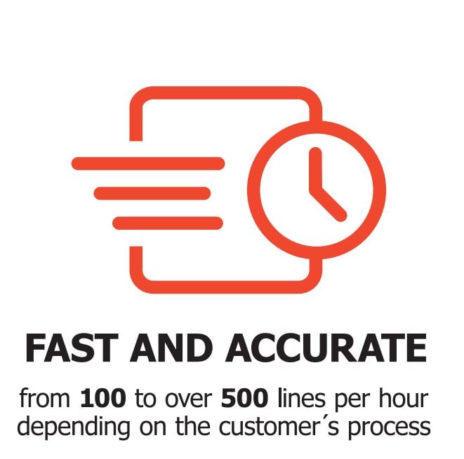 Fast and accurate  from 100 to over 500 lines per hour depending on cuustomer´s process