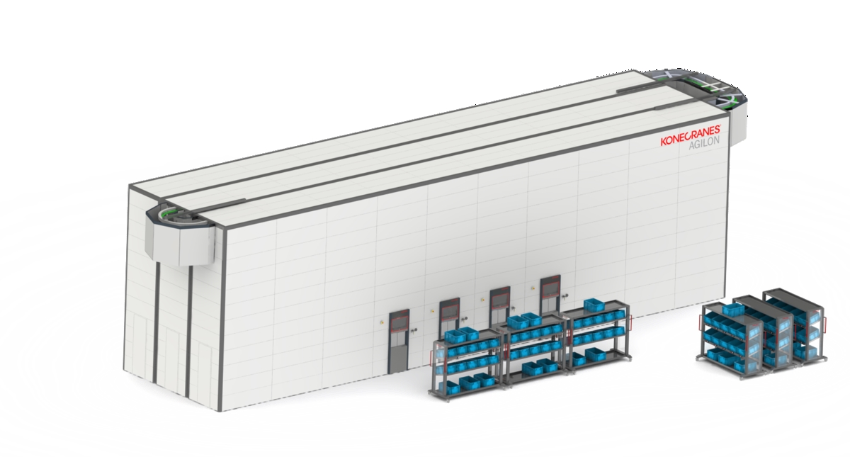 Automated warehouse Agilon with pick-to-light trollyes 3D example picture