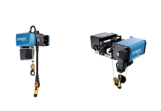 Marketing images of Demag’s DC II chain hoist and DRH rope hoists, which are examples of products benefiting from streamlined assembly with Agilon.