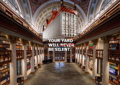A picture of a library with container hanging from the top. Image text says "Your yard will never be silent" with the word "never" overlined.