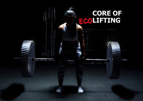 A woman lifting weights in a dark room, with a text "Core of Ecolifting" with Eco highlighted in red