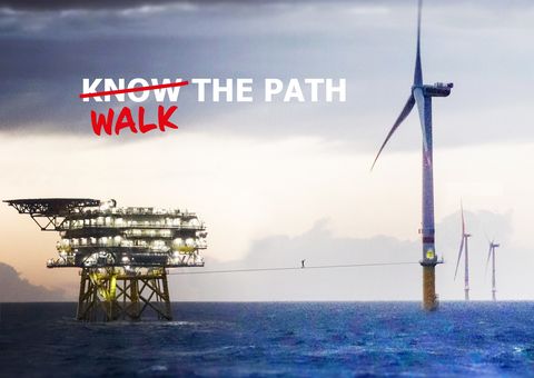 Windmill on the sea with text "Know the path" but know overlined and replaced with walk