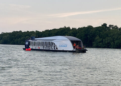 The interceptor removes plastic debris.