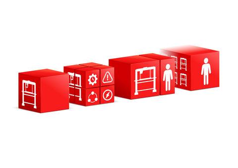 Caminho para a automação de portas, quatro cubos vermelhos com ícones descritivos em fila.