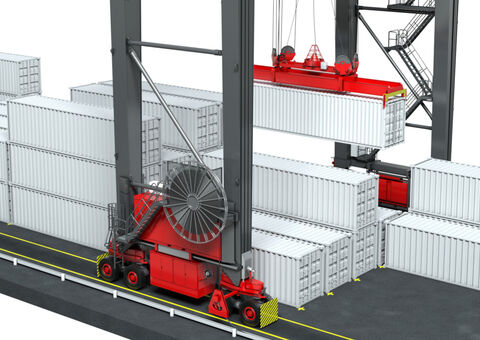 A rubber-tired gantry crane (RTG).