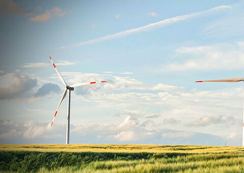 Windmills in field