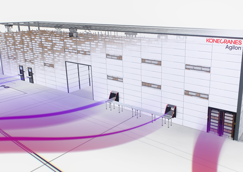 Wide visualisation of a large-scale Konecranes Agilon automated small-parts storage system material flow.